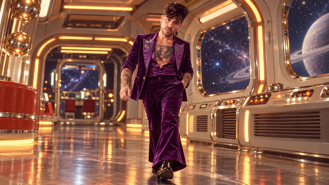 Mike Sain't Louis con traje de terciopelo morado caminando por el pasillo de una nave espacial con ventanas a las estrellas y a un planeta con anillos — retrato Tupé Grease PLANETA GAYFOLK.