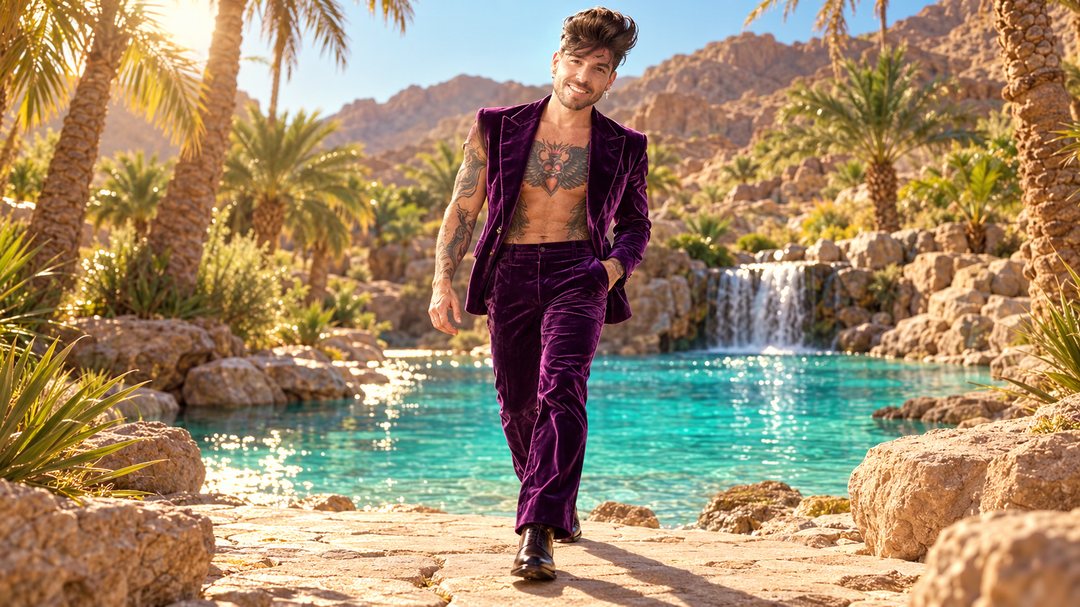 Mike Sain't Louis con traje de terciopelo morado caminando junto a un oasis de agua turquesa con palmeras y una cascada — retrato Tupé Grease PLANETA GAYFOLK.