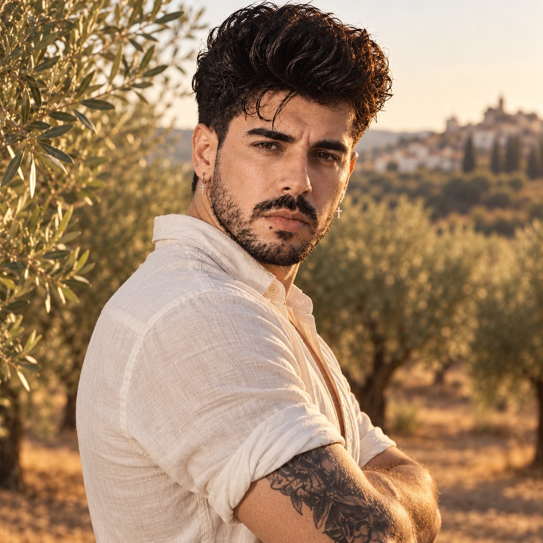 Mike Sain't Louis con camisa de lino blanca entre olivos con un pueblo en lo alto de la colina — foto PLANETA GAYFOLK.
