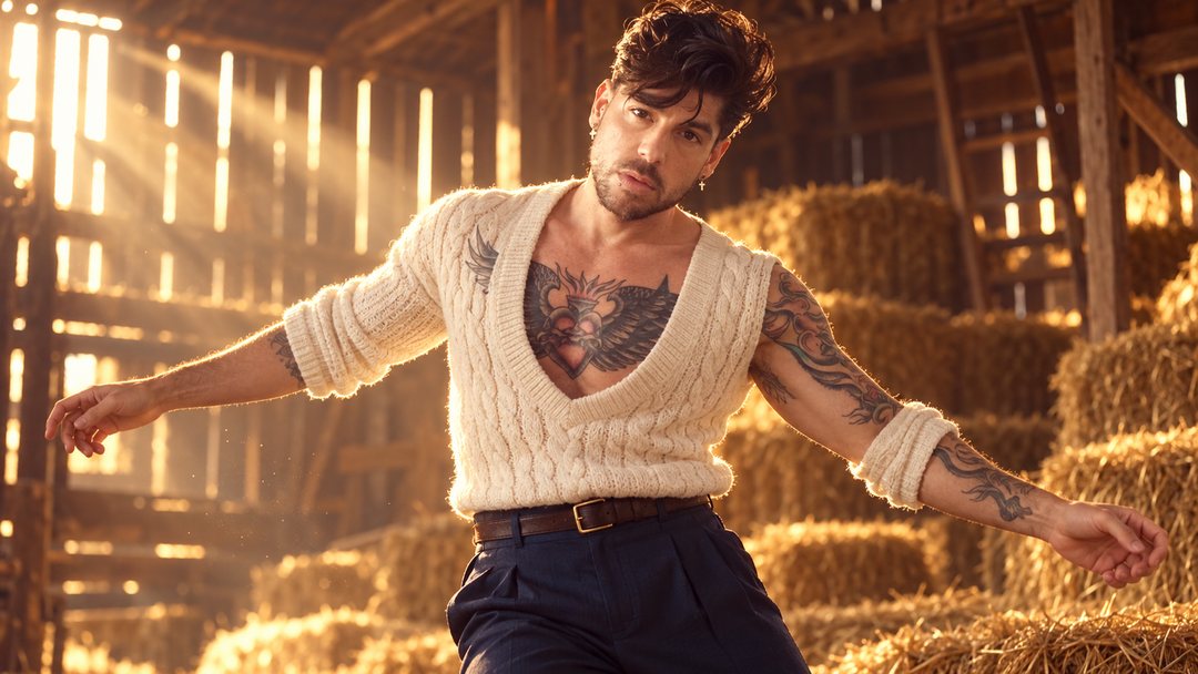 Mike Sain't Louis con jersey crema de punto y pantalón azul marino con los brazos abiertos en un pajar con balas de paja — retrato Tupé Grease PLANETA GAYFOLK.