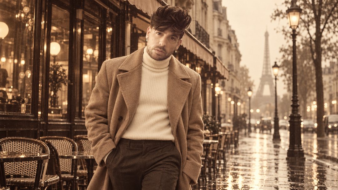 Mike Sain't Louis con abrigo camel y jersey de cuello alto en una calle mojada de París con la torre Eiffel al fondo — foto retro PLANETA GAYFOLK.