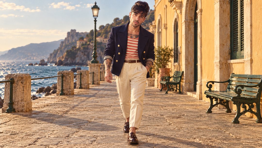 Mike Sain't Louis con chaqueta azul marino y camiseta de rayas caminando por un paseo junto al mar — foto retro PLANETA GAYFOLK.