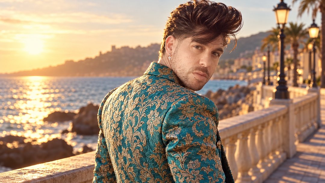 Mike Sain't Louis con chaqueta de brocado turquesa en un paseo marítimo con balaustrada y farolas al atardecer — retrato Tupé Grease PLANETA GAYFOLK.