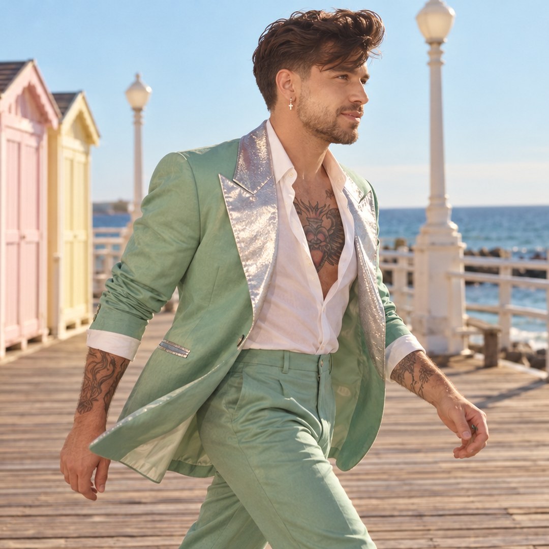 Mike Sain't Louis con traje verde menta caminando por un paseo de madera junto a casetas de playa pastel — foto PLANETA GAYFOLK.