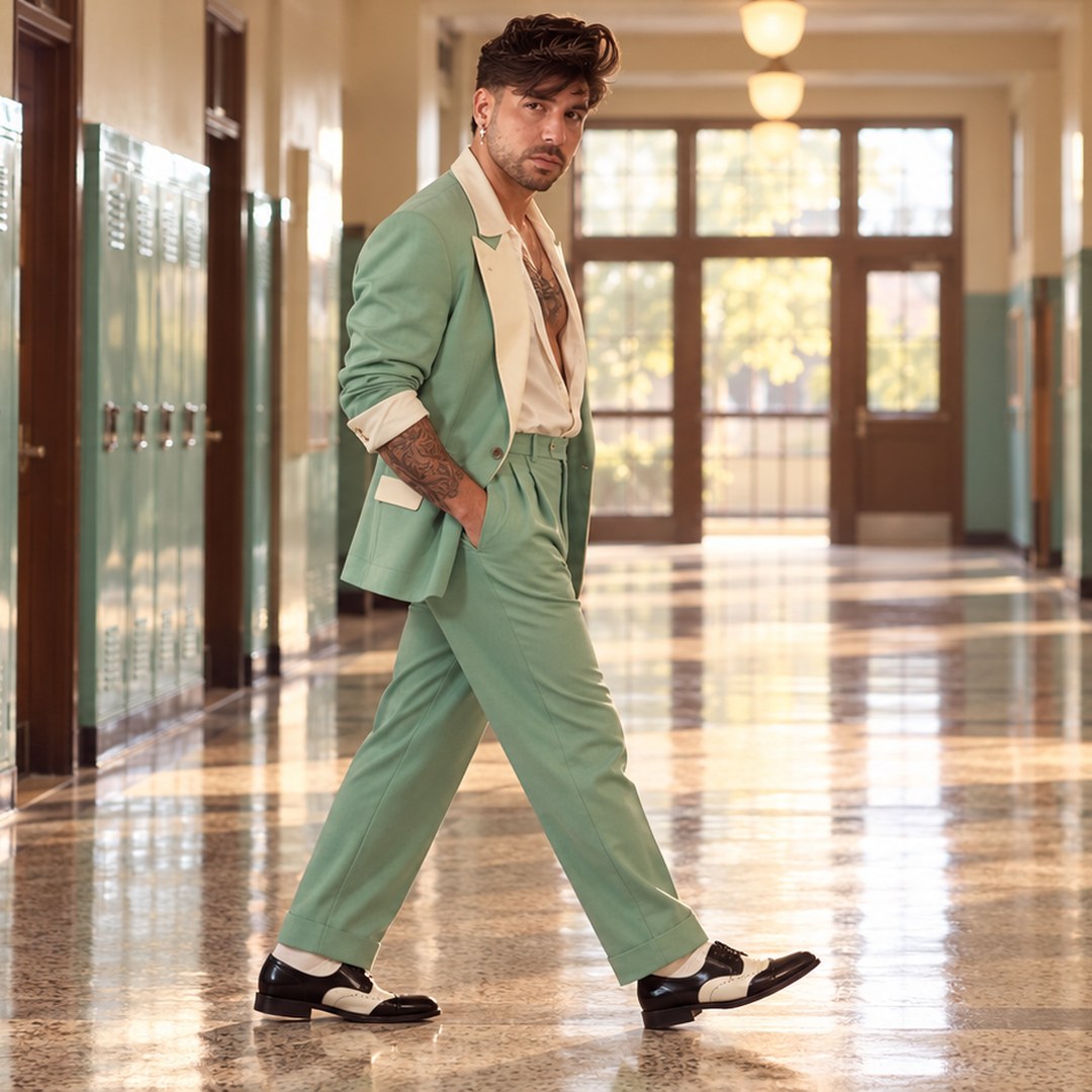 Mike Sain't Louis con traje verde menta caminando por el pasillo de un instituto con taquillas — foto PLANETA GAYFOLK.