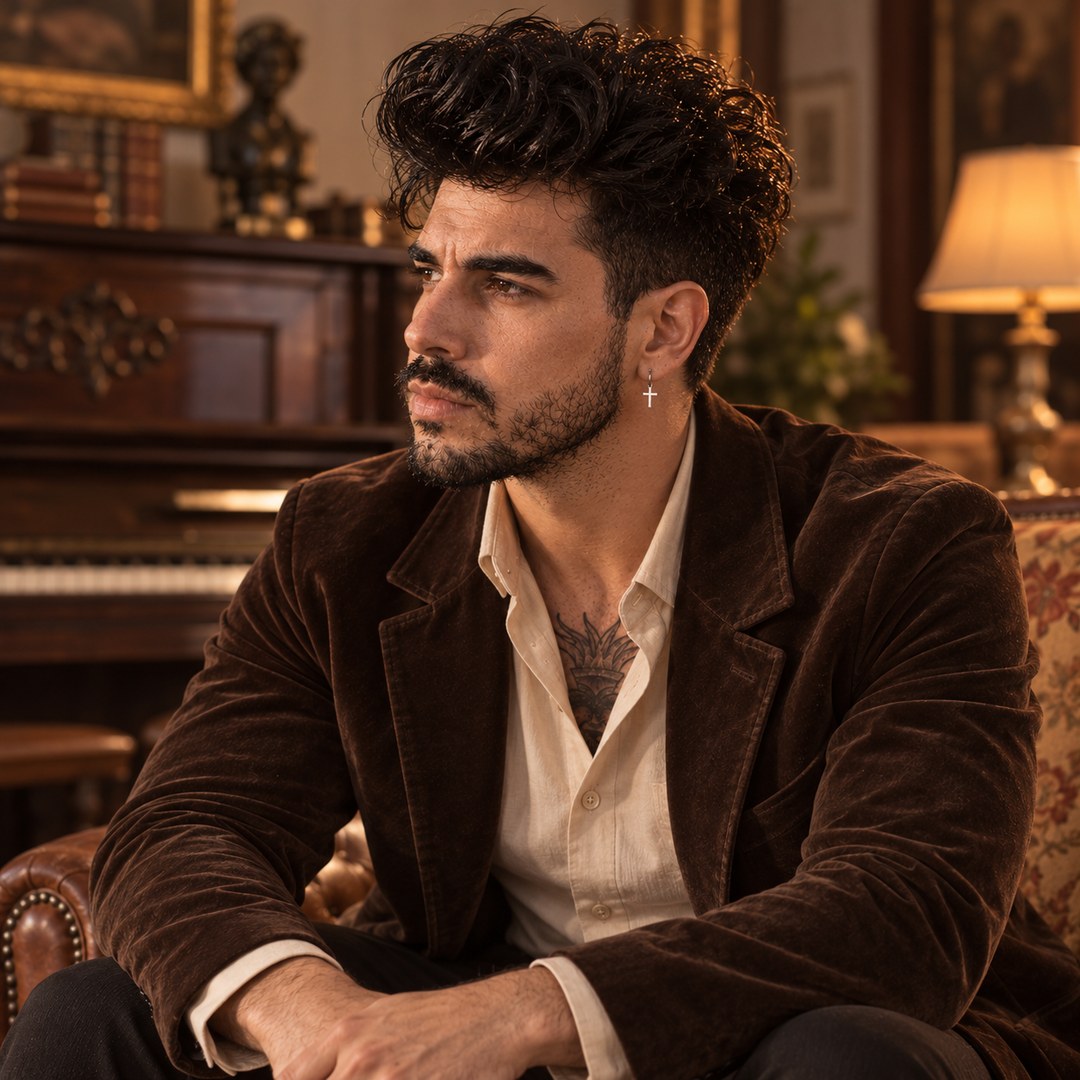 Mike Sain't Louis con chaqueta de terciopelo marrón junto a un piano — foto PLANETA GAYFOLK.
