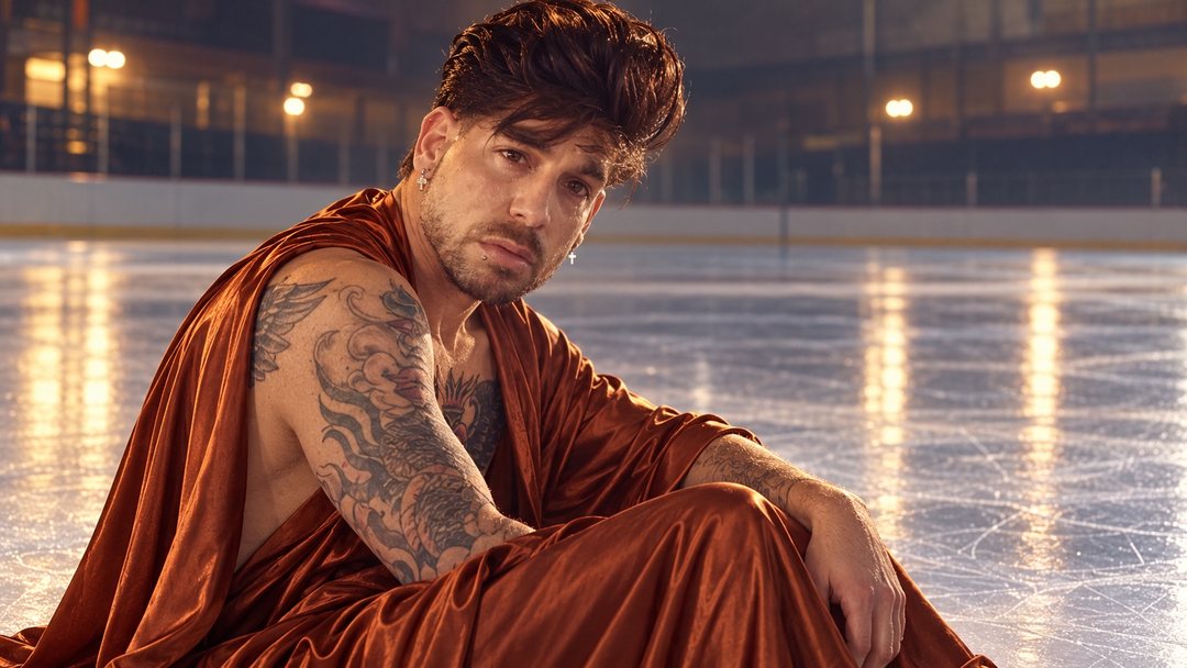 Mike Sain't Louis con túnica de satén teja sentado junto a una pista de hielo vacía — retrato Tupé Grease PLANETA GAYFOLK.
