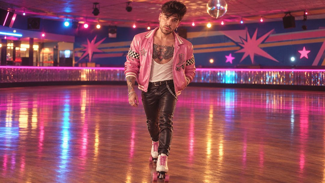 Mike Sain't Louis con cazadora rosa y pantalón de cuero negro patinando en una pista de patines con luces de colores — retrato Tupé Grease PLANETA GAYFOLK.