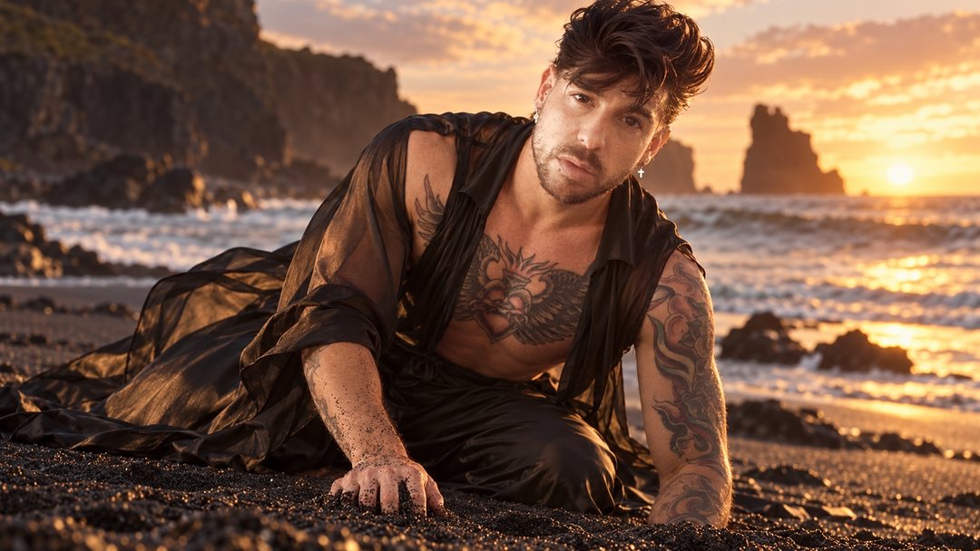 Mike Sain't Louis con blusón negro de gasa recostado en una playa de arena negra con rocas al atardecer — retrato Tupé Grease PLANETA GAYFOLK.