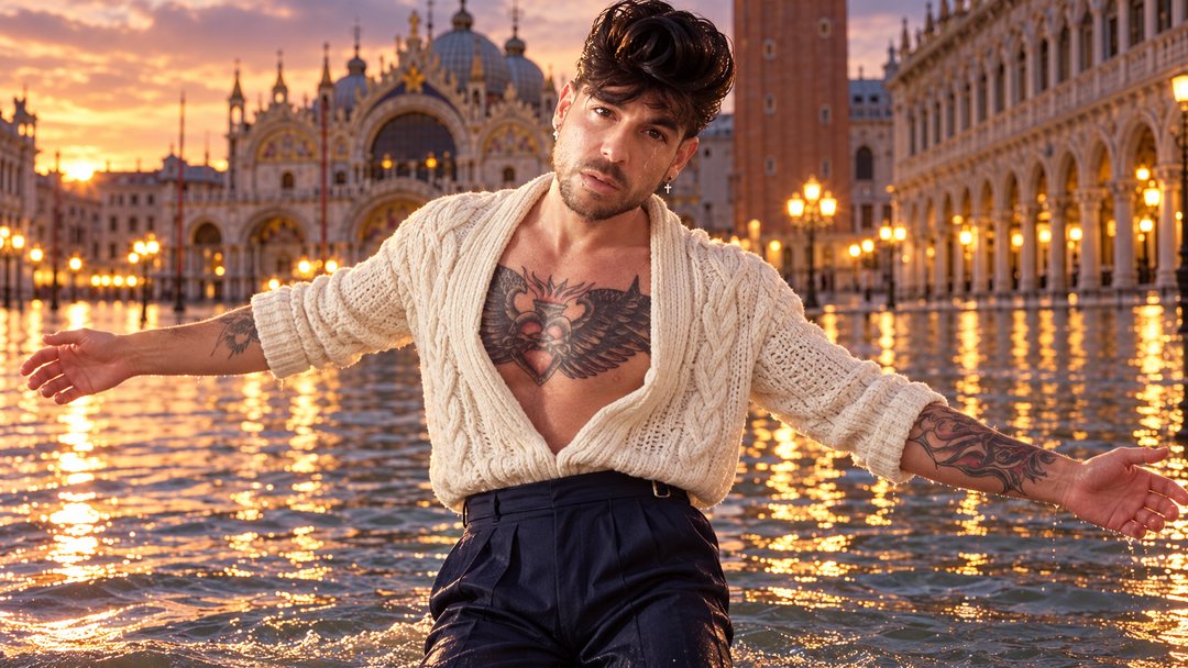 Mike Sain't Louis con cárdigan crema de punto y pantalón azul marino con los brazos abiertos en la plaza de San Marcos de Venecia inundada al atardecer — retrato Tupé Grease PLANETA GAYFOLK.