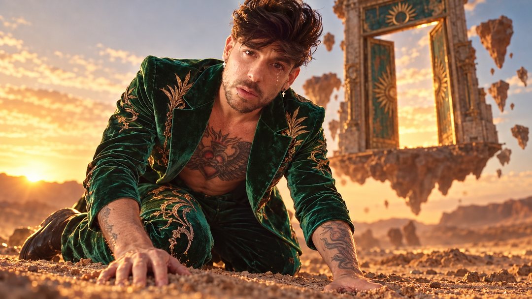 Mike Sain't Louis con traje de terciopelo verde bordado en oro apoyado en la arena ante un portal flotante y rocas suspendidas en el aire al atardecer — retrato Tupé Grease PLANETA GAYFOLK.