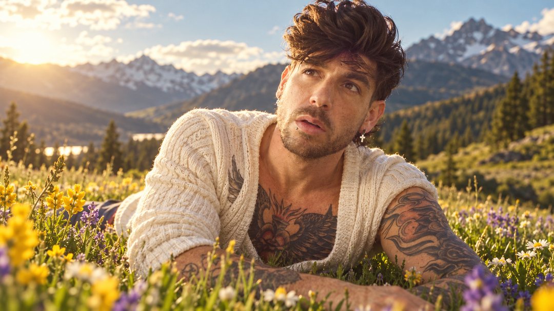 Mike Sain't Louis con jersey crema de punto calado tumbado en un prado de flores silvestres con montañas nevadas al fondo — retrato Tupé Grease PLANETA GAYFOLK.