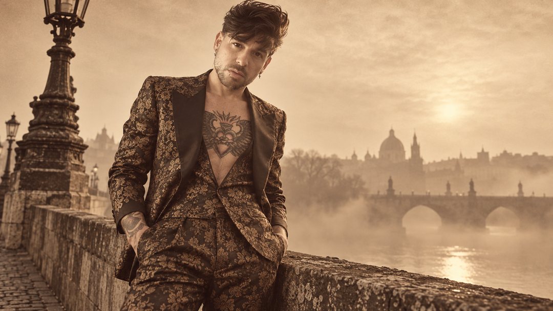 Mike Sain't Louis con traje de brocado junto a un río con un puente de piedra y una cúpula entre la niebla — foto retro PLANETA GAYFOLK.