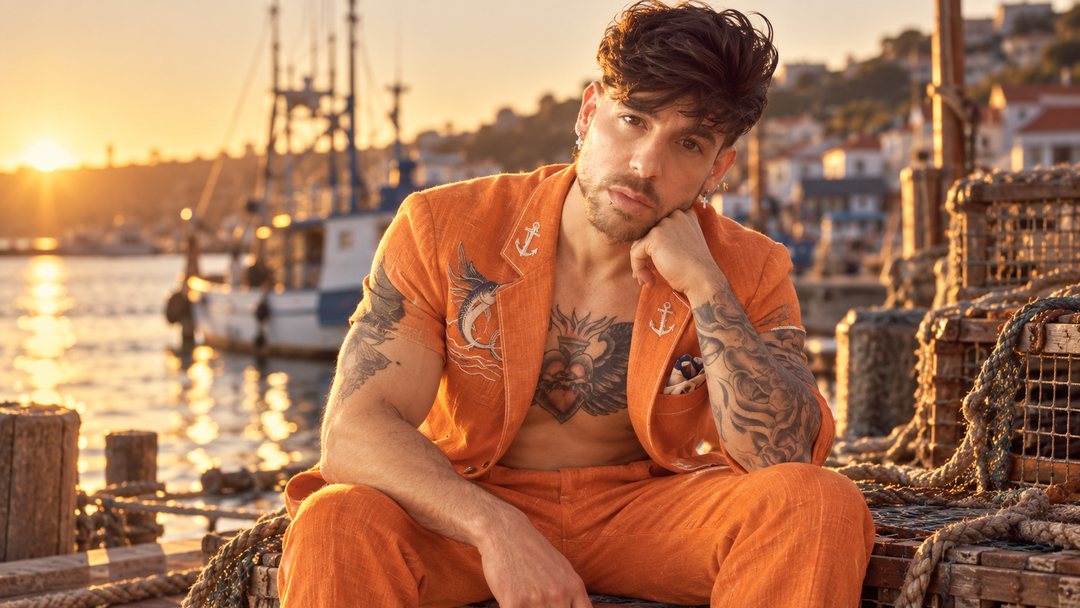 Mike Sain't Louis con traje naranja sentado entre redes y nasas en un puerto pesquero al atardecer — retrato Tupé Grease PLANETA GAYFOLK.
