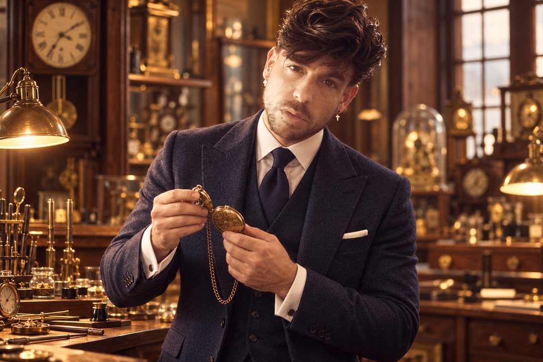 Mike Sain't Louis con traje azul marino de tres piezas y corbata sosteniendo un reloj de bolsillo en una relojería antigua — retrato Tupé Grease PLANETA GAYFOLK.