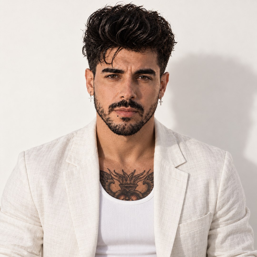 Retrato de Mike Sain't Louis con americana blanca sobre fondo claro — foto PLANETA GAYFOLK.