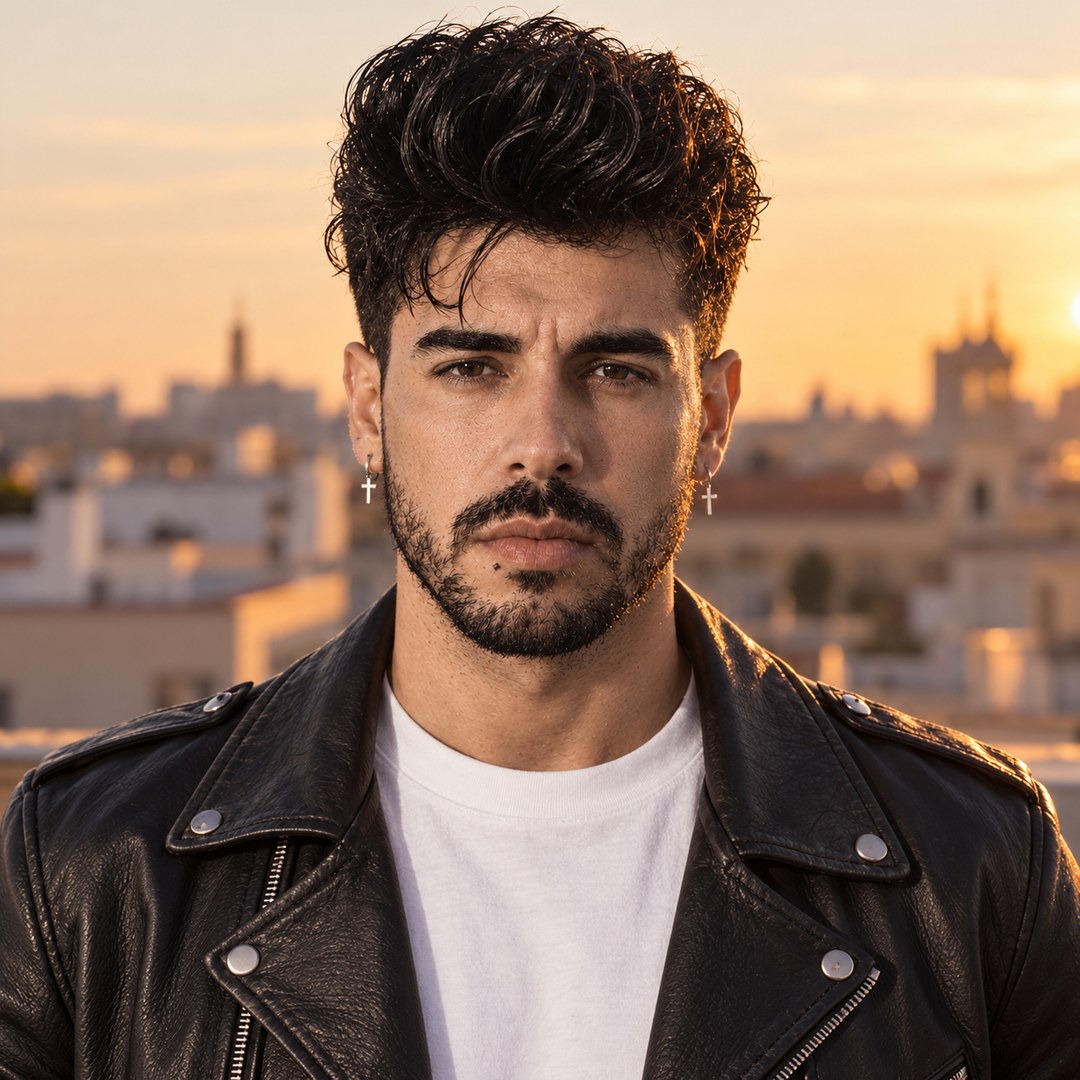 Retrato de Mike Sain't Louis con cazadora de cuero negra sobre una ciudad antigua al atardecer — foto PLANETA GAYFOLK.