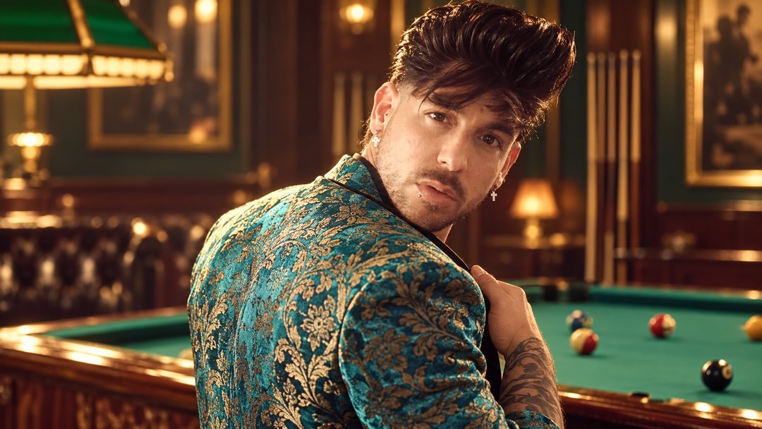Mike Sain't Louis con chaqueta de brocado turquesa junto a una mesa de billar en una sala antigua — retrato Tupé Grease PLANETA GAYFOLK.