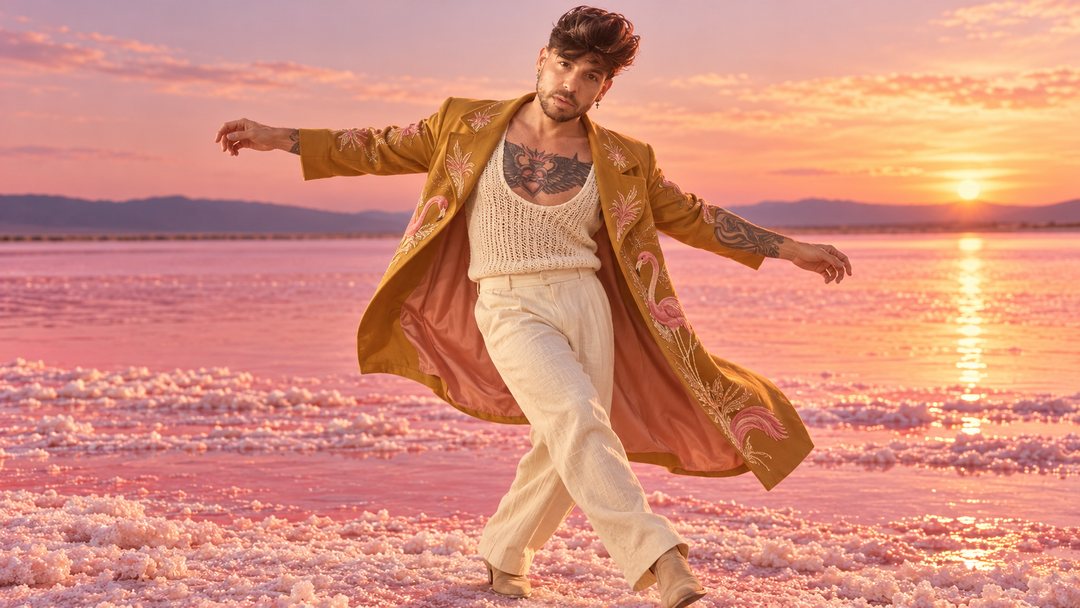 Mike Sain't Louis con gabardina dorada y pantalón crema bailando en unas salinas rosas al atardecer — retrato Tupé Grease PLANETA GAYFOLK.