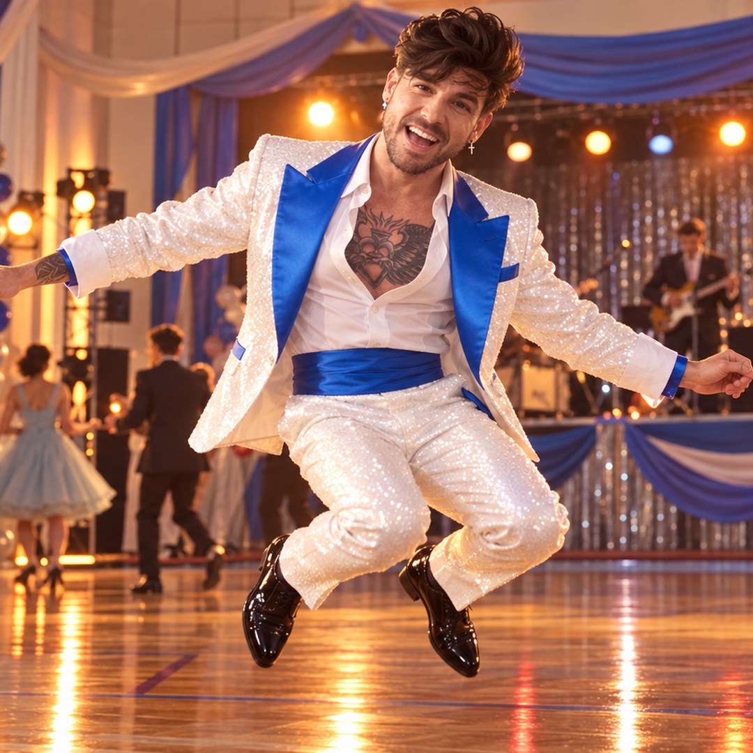 Mike Sain't Louis saltando con traje blanco de solapas y fajín azules en un baile de graduación de los años 50 — foto PLANETA GAYFOLK.