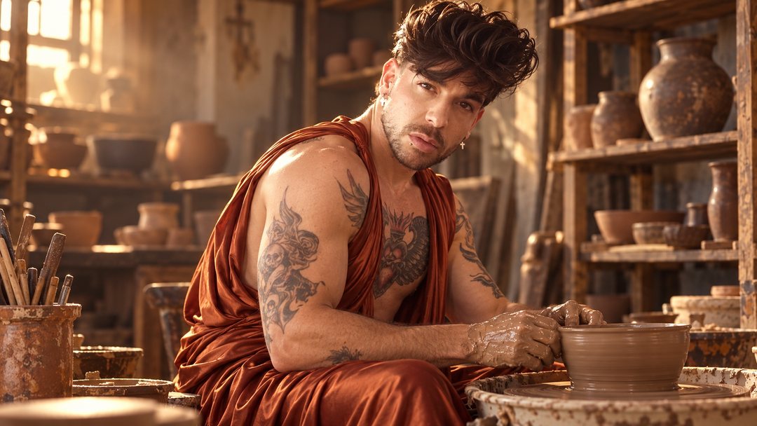 Mike Sain't Louis con túnica de satén teja modelando una vasija en el torno de un taller de cerámica — retrato Tupé Grease PLANETA GAYFOLK.