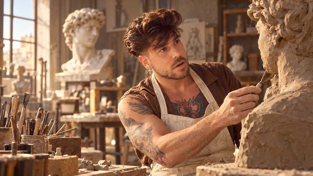 Mike Sain't Louis con delantal de trabajo tallando un busto de piedra en un taller de escultura lleno de estatuas clásicas — retrato Tupé Grease PLANETA GAYFOLK.