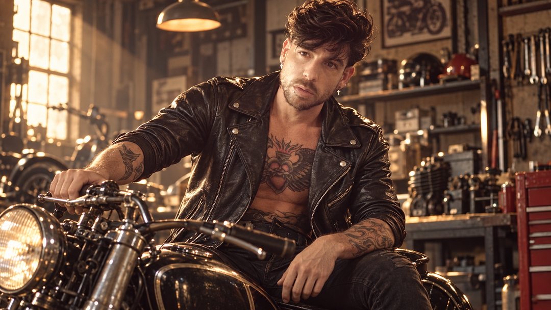 Mike Sain't Louis con cazadora de cuero negra subido a una moto clásica en un taller mecánico — retrato Tupé Grease PLANETA GAYFOLK.