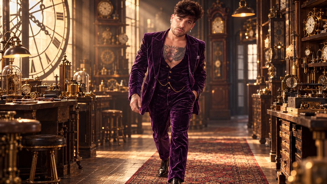 Mike Sain't Louis con traje de terciopelo morado caminando por un taller de relojes con una gran esfera de reloj — retrato Tupé Grease PLANETA GAYFOLK.