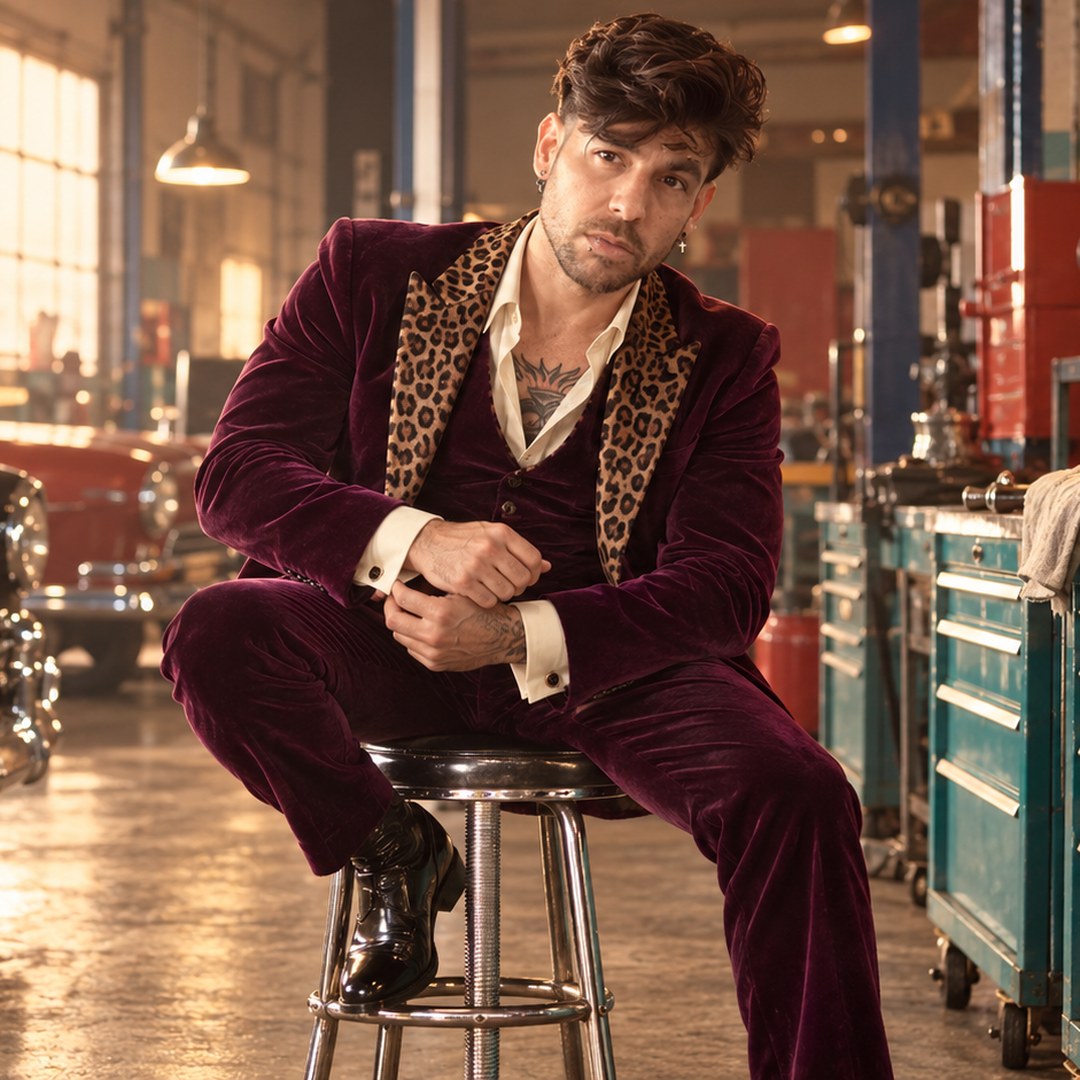 Mike Sain't Louis con traje de terciopelo burdeos y solapas doradas sentado en un taburete de un taller de coches clásicos — foto PLANETA GAYFOLK.