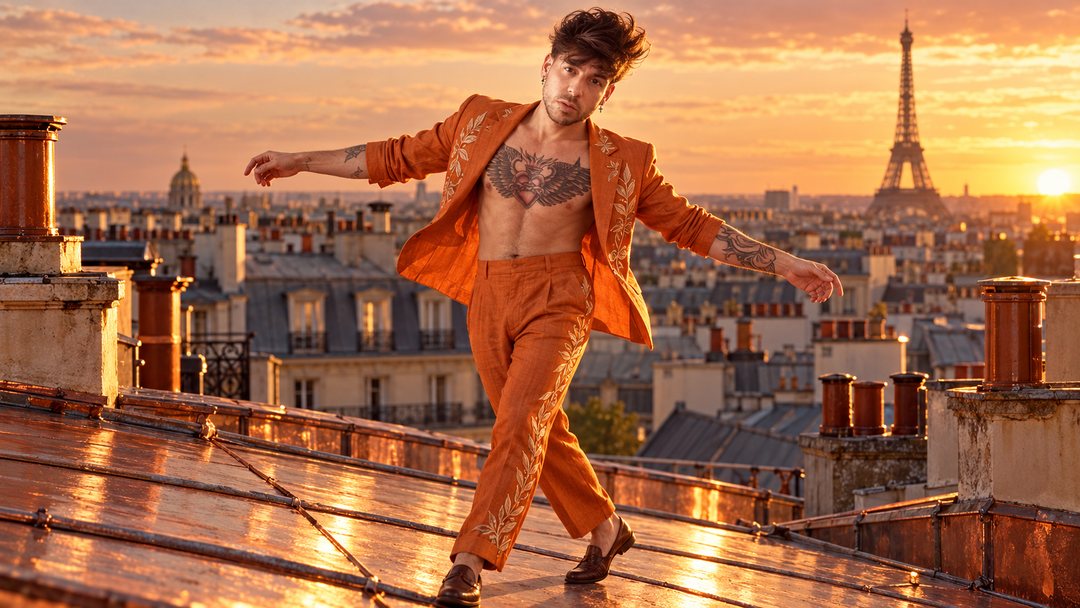 Mike Sain't Louis con traje naranja bailando sobre los tejados de París al atardecer con la torre Eiffel al fondo — retrato Tupé Grease PLANETA GAYFOLK.