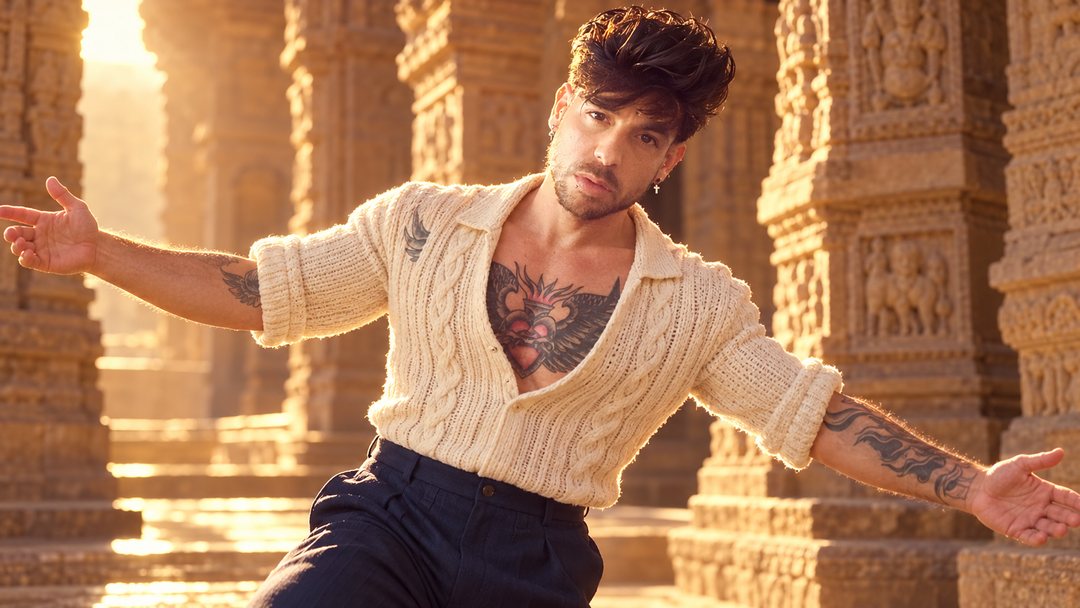 Mike Sain't Louis con cárdigan crema de punto y pantalón azul marino con los brazos abiertos entre las columnas talladas de un templo de piedra — retrato Tupé Grease PLANETA GAYFOLK.