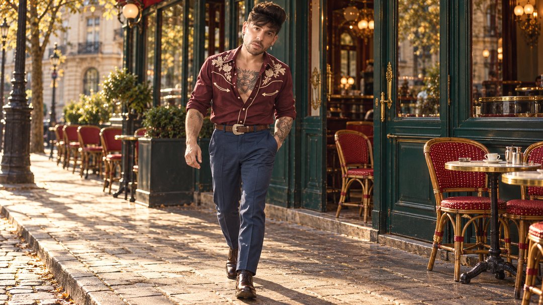Mike Sain't Louis con camisa burdeos estampada y vaqueros caminando ante un café con sillas rojas — foto retro PLANETA GAYFOLK.