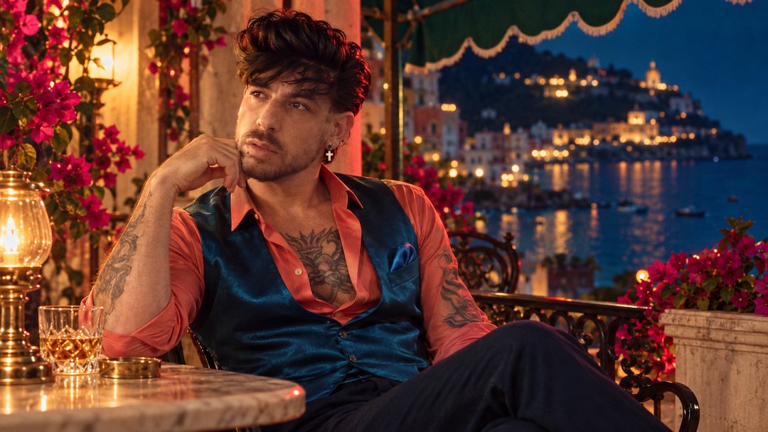 Mike Sain't Louis con camisa coral y chaleco azul en una terraza con buganvillas sobre un puerto iluminado de noche — foto retro PLANETA GAYFOLK.