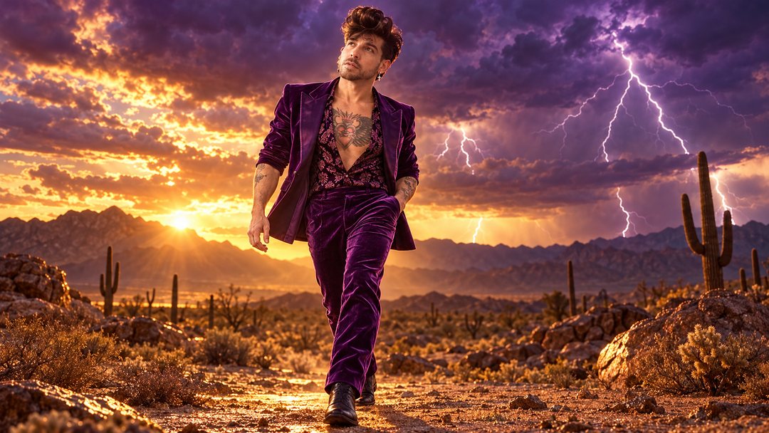 Mike Sain't Louis con traje de terciopelo morado caminando por un desierto con cactus bajo una tormenta de rayos al atardecer — retrato Tupé Grease PLANETA GAYFOLK.