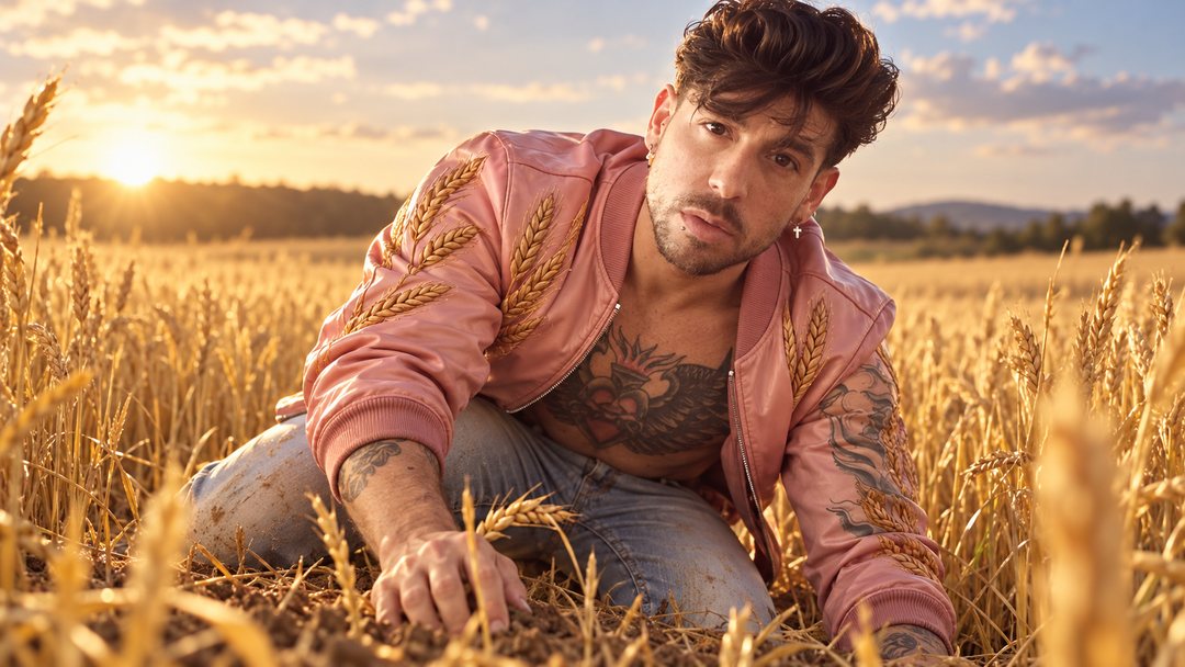 Mike Sain't Louis con cazadora rosa bordada agachado en un campo de trigo al atardecer — retrato Tupé Grease PLANETA GAYFOLK.