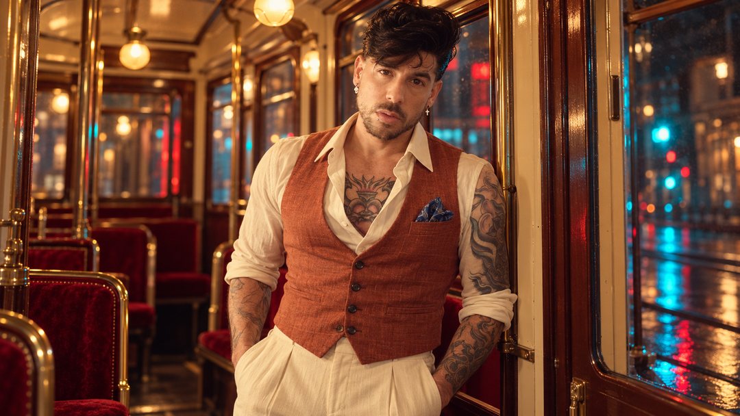 Mike Sain't Louis con chaleco teja y camisa blanca en un vagón de tren con asientos rojos de noche — foto retro PLANETA GAYFOLK.
