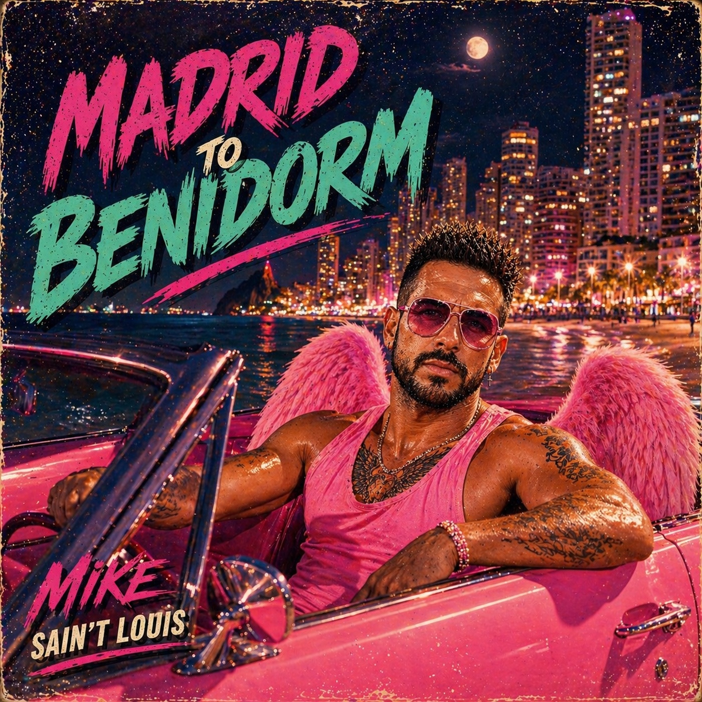 Cartel Madrid to Benidorm: figura al volante de un descapotable rosa, con alas rosas y una ciudad nocturna al fondo.